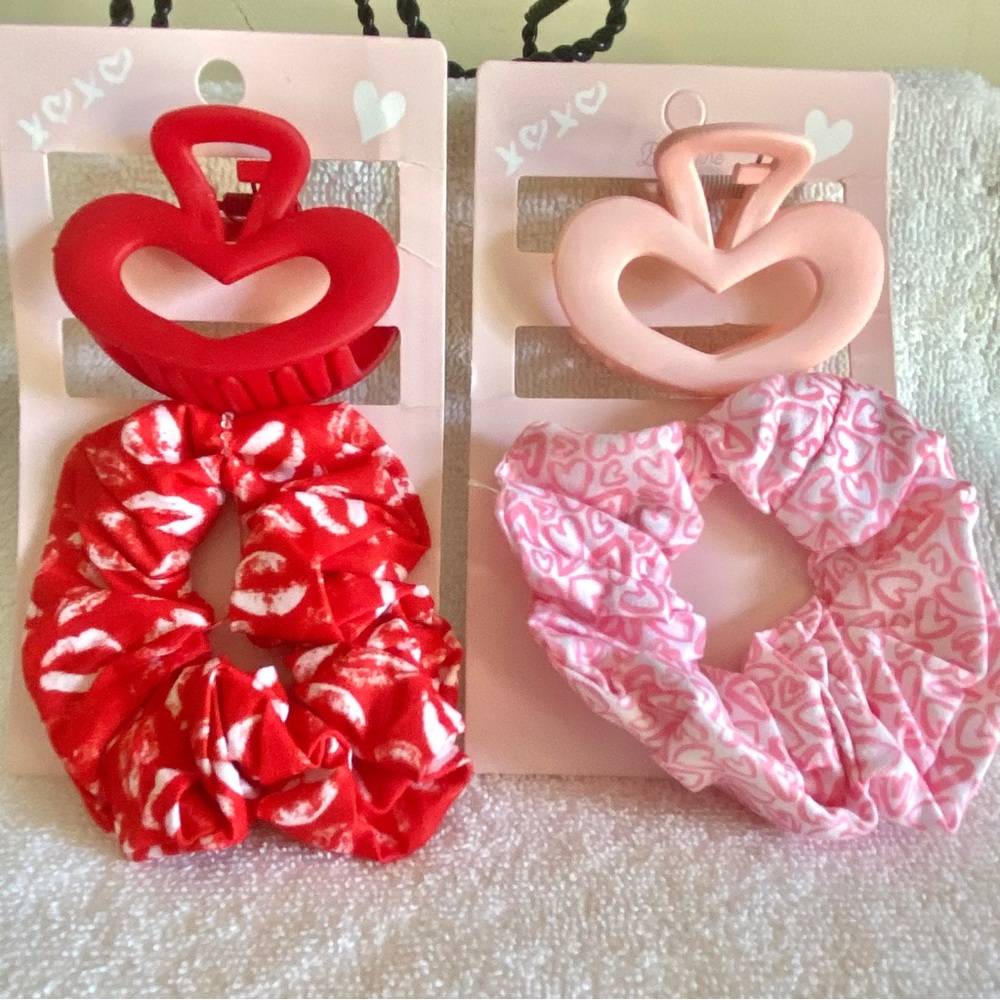 🐭 SALE! Heart Hair Clips and Scrunchies Set - Red and Pink 2pc sets choose 1